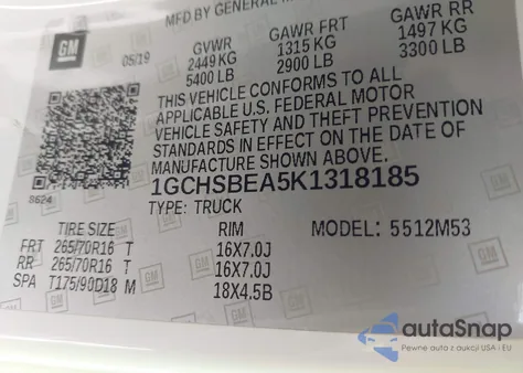 2019 Chevrolet Colorado Wt z USA, uszkodzony, nr VIN 1GCHSBEA5K1318185